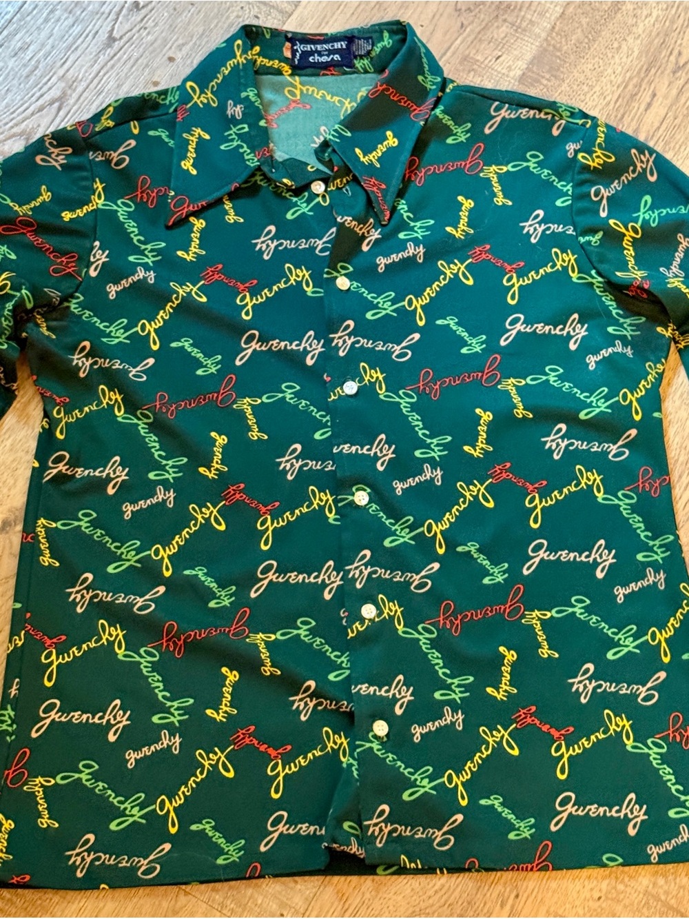 Vintage 70s Givenchy Disco Collar Green  Logo Script Button-Up Shirt